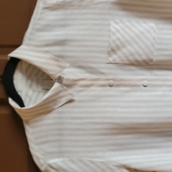 Chicos Tops - Chico's-Linen tan and white striped 3/4 sleeved shirt Size 1=Small.